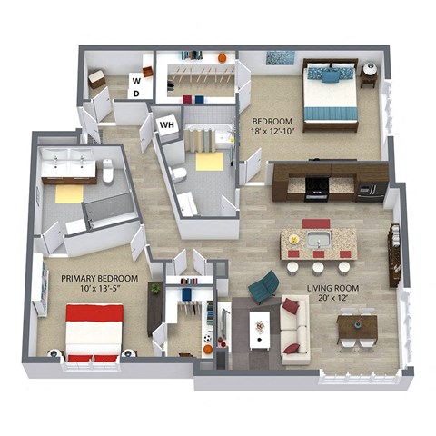 Floor plan for 2 beds, 2 baths, 1230 sqft